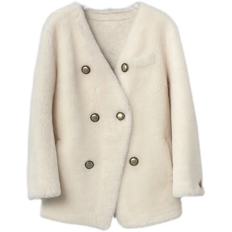 Women's Lamb Wool V-Neck Coat Female Girl Sheep Shearling Fur  Winter Young Coat Parka PT349