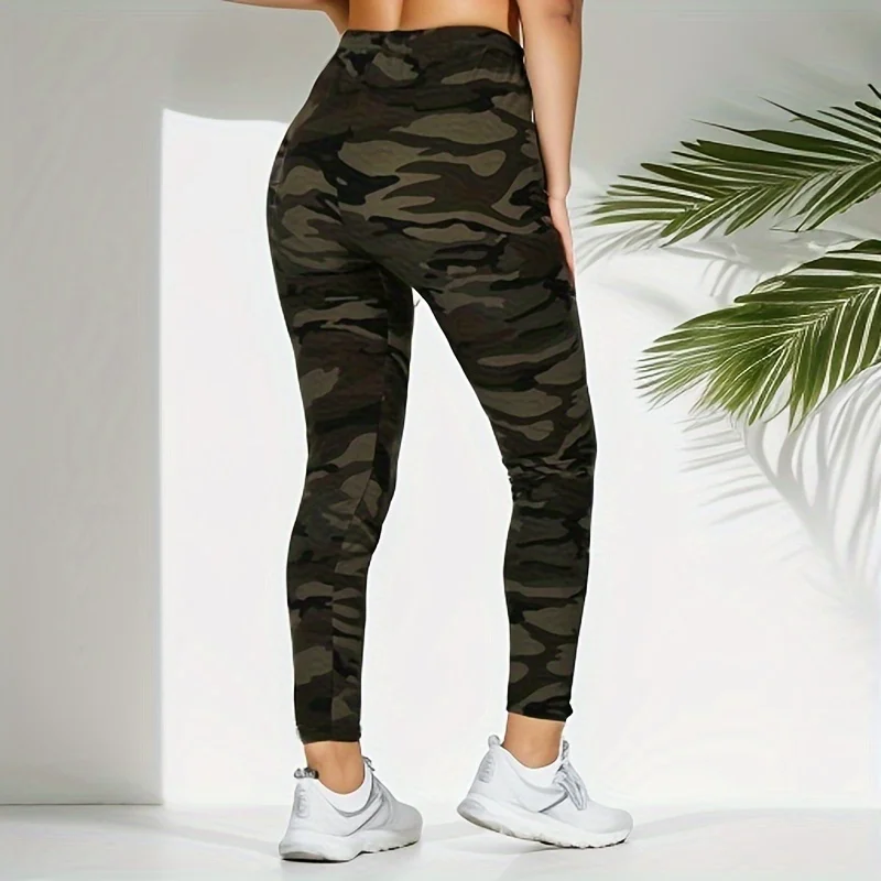 Kamuflaż Szaro-zielone Obcisłe, codzienne, bardzo rozciągliwe legginsy damskie, sportowe i seksowne Fitness Retro Dziewięciopunktowe spodnie ołówkowe