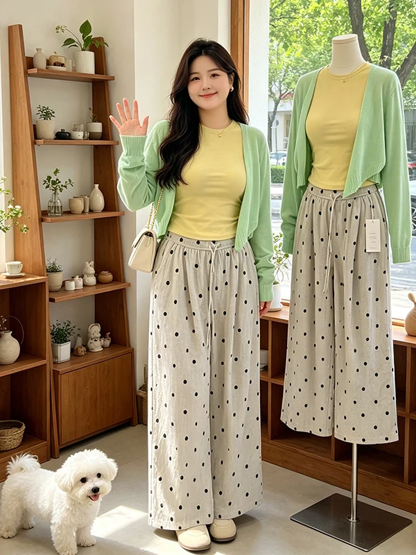 

plus Size Women's Summer Thin Dopaamine Sun Protection Cardigan Slim Fit Short Sleeve T-Shirt Polka Dot Casual Pants Three Pi...