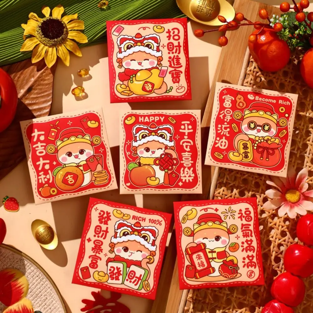 6Pcs Cartoon Chinese Snake Year Red Envelope Blessings Printing Traditional New Year Money Envelope Mixed Pattern Thickened