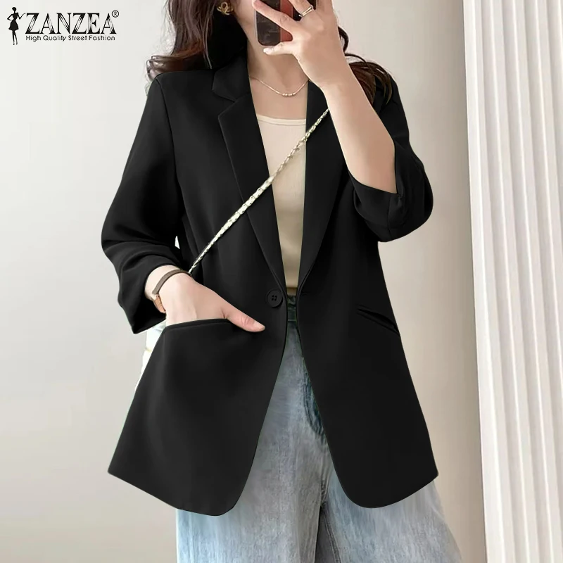 ZANZEA Women Black Blazer Casual Lightweight Lapel Neck Long Sleeve Solid Color Suit Jackets Spring Summer Woman Outerwear 3XL