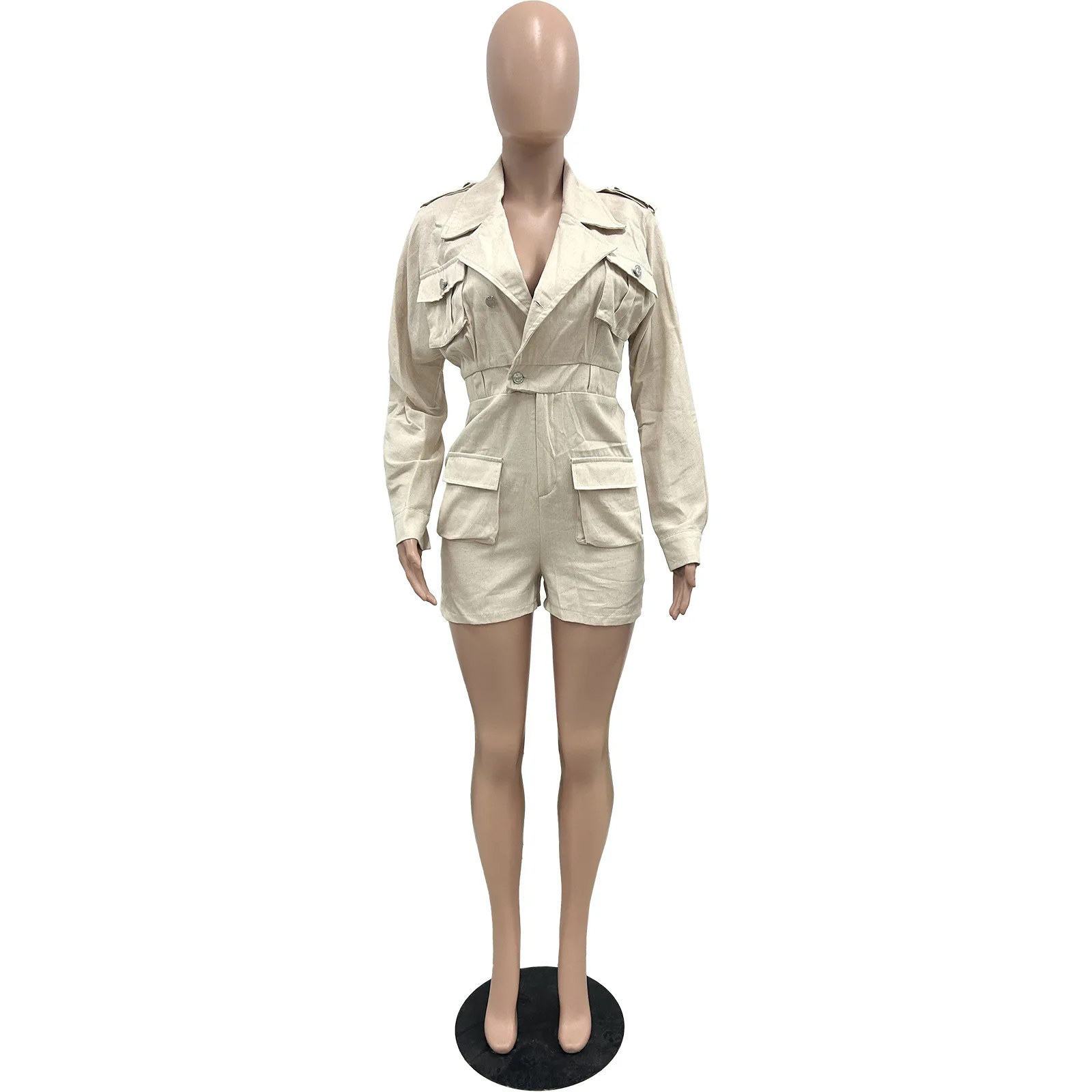 LW shorts jumpsuit Button Pocket Design Romper cargo jumpsuit  pants 2024 NEW Spring Women long sleeve Casual Turn-Down jumpsuit
