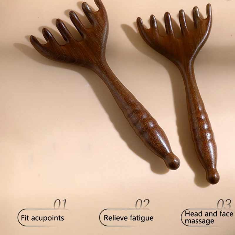 Natural Wooden Wide Tooth Long Handle Comb Meridian Massage Anti-static Head Six Claw Massager Promote Blood Circulation