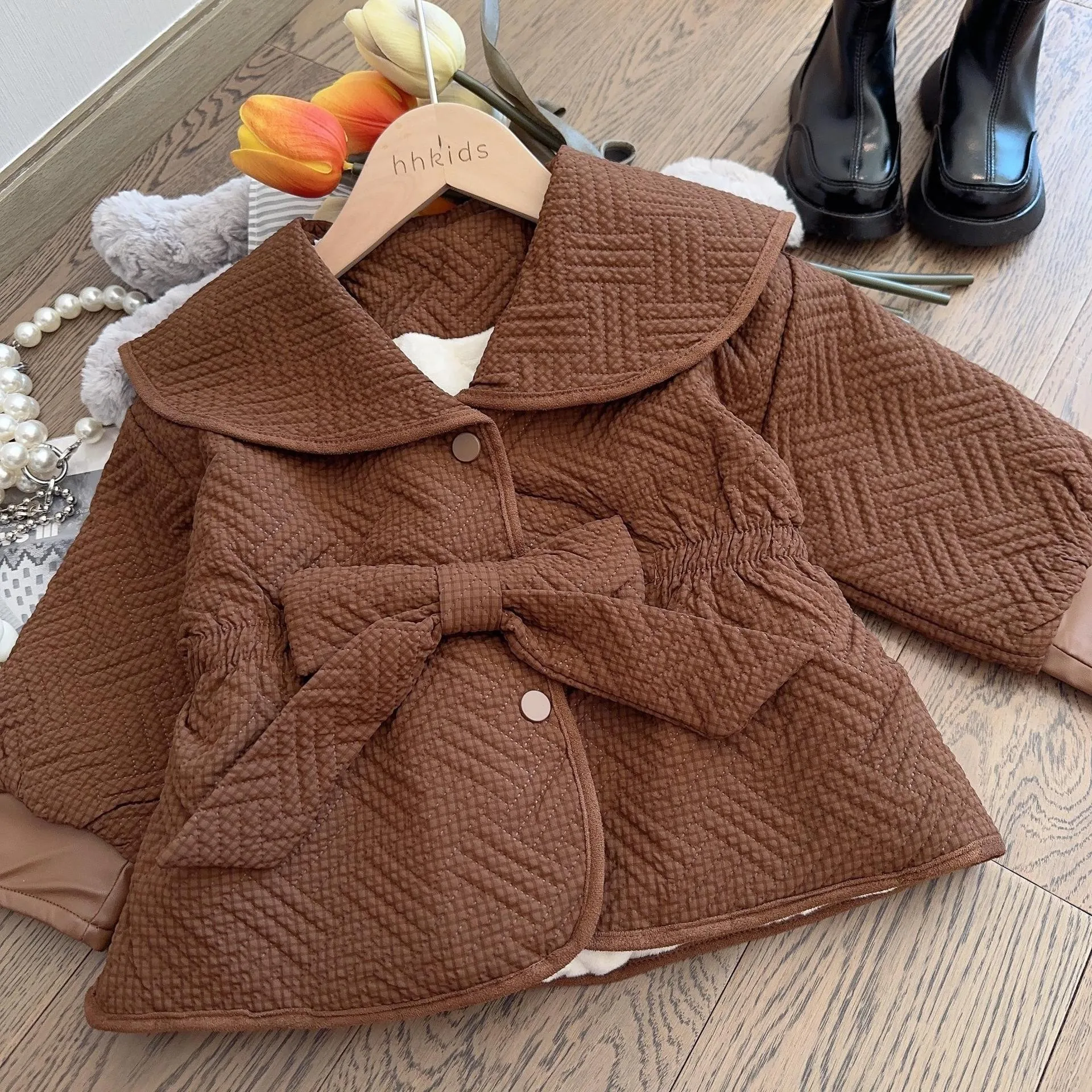 Coat New Girl Autumn Winter New Fashionable Middle Length Thickening Lapel Collar Bow Tops Keep Warm Children Loose 2024