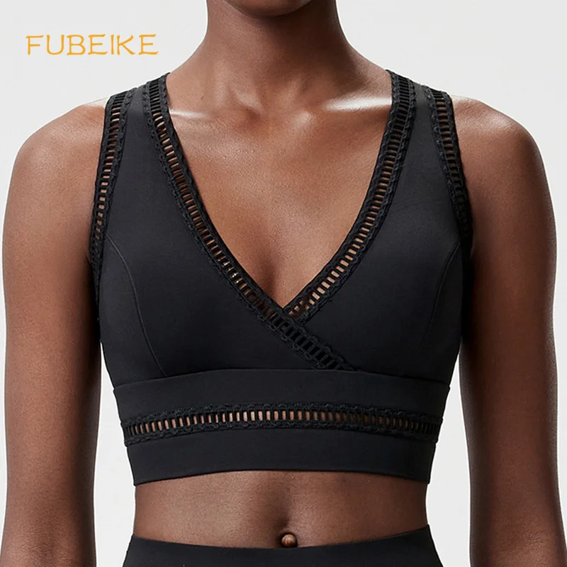 High Elastic Hollow Trim V Neck Sports Bra Women Plus Size Beauty BackYoga Tank Top Athletic Vest For Pilates Running Training