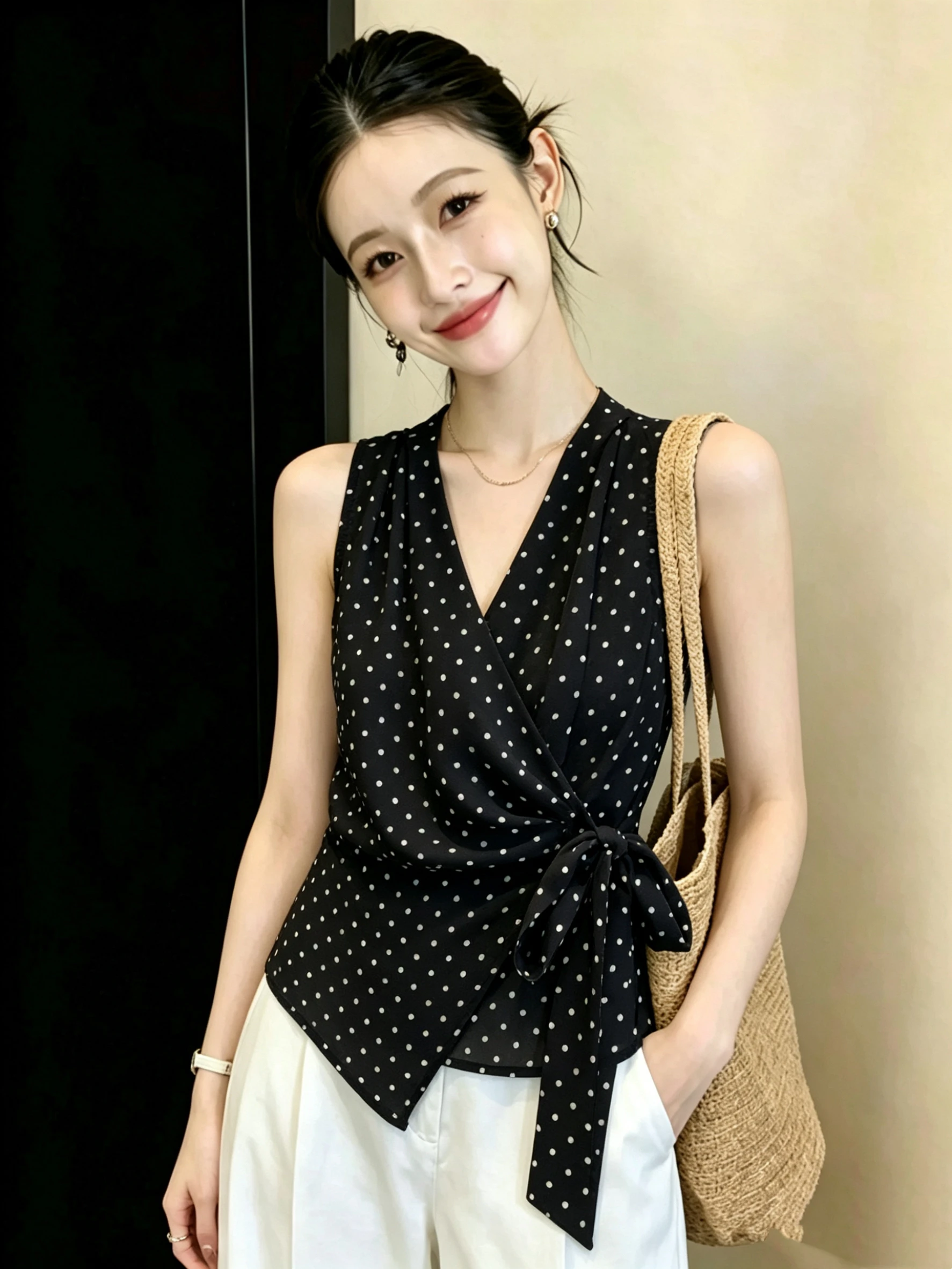 Orange Red Polka Dot Cross Tie V Neck Sleeveless Irregular Top Women's Fashionable Korean Style Summer Shirt New Arrival