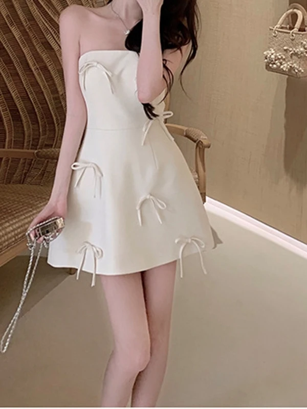 

White Knot Sexy Rich Girl Strapl Dr Gentle Sweet One-oulder Slimming ort Skirt French Sle High Waist So...