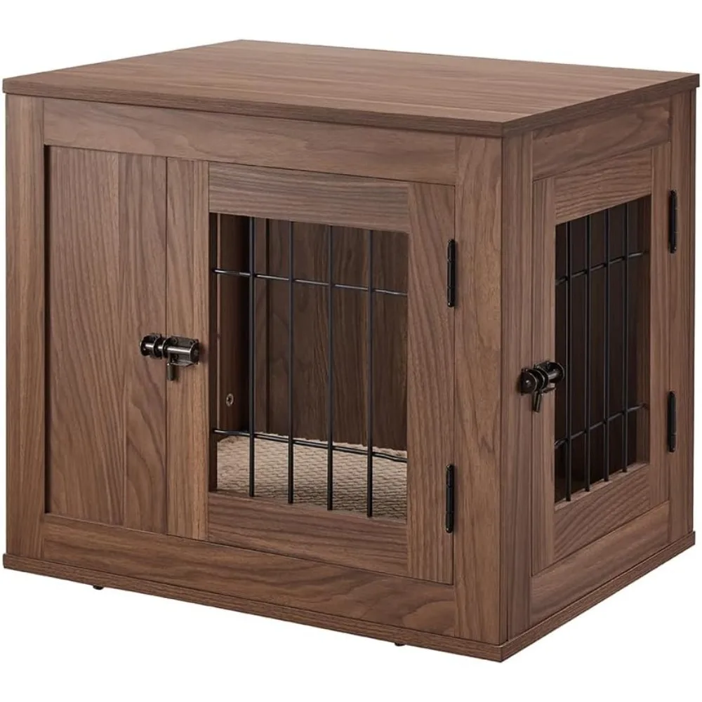 صندوق كلب سلكي خشبي متوسط مع وسادة وأبواب مزدوجة، بيت للحيوانات الأليفة على طراز الأثاث مقاس 36 بوصة