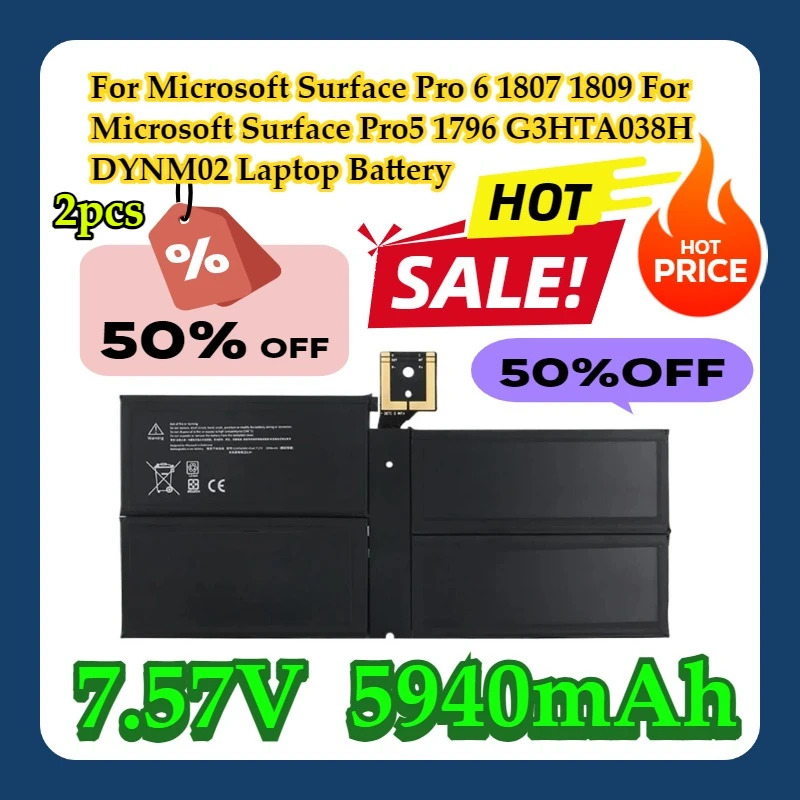 

For Microsoft Surface Pro 6 1807 1809 For Microsoft Surface Pro5 1796 45WH/7.57V 5940mAh G3HTA038H DYNM02 Laptop Battery 2pcs
