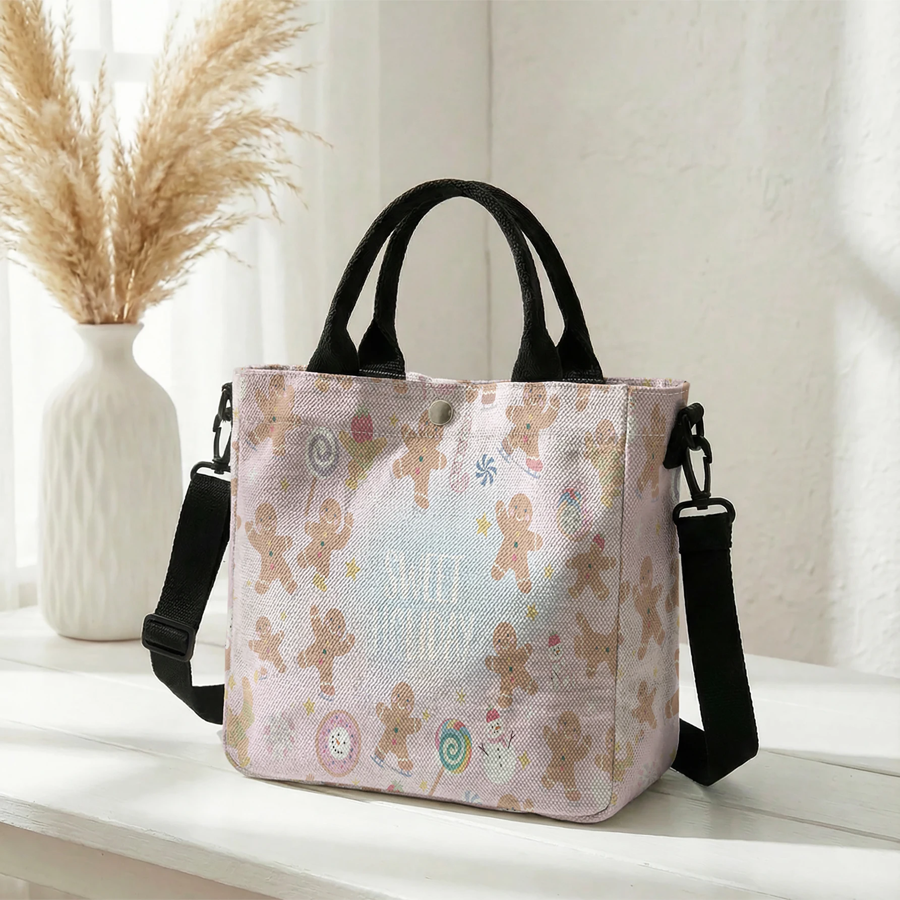 Gingerbread Man Candy Snowman Seamless Print Tote Bag, Detachable Strap Crossbody Handbag For Daily Work Shopping