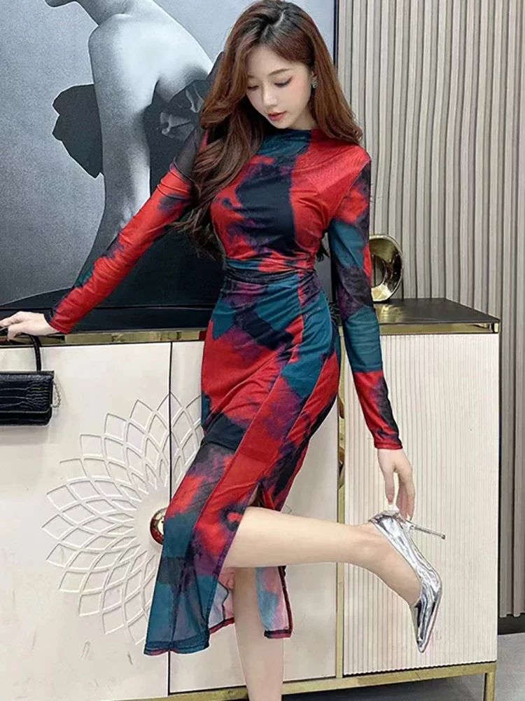 2024 New Floral Mesh Long Sleeve Casual Long Dress Women Korean Elegant Festival Prom Dress Autmn Winter Korean Vinage Vestidos