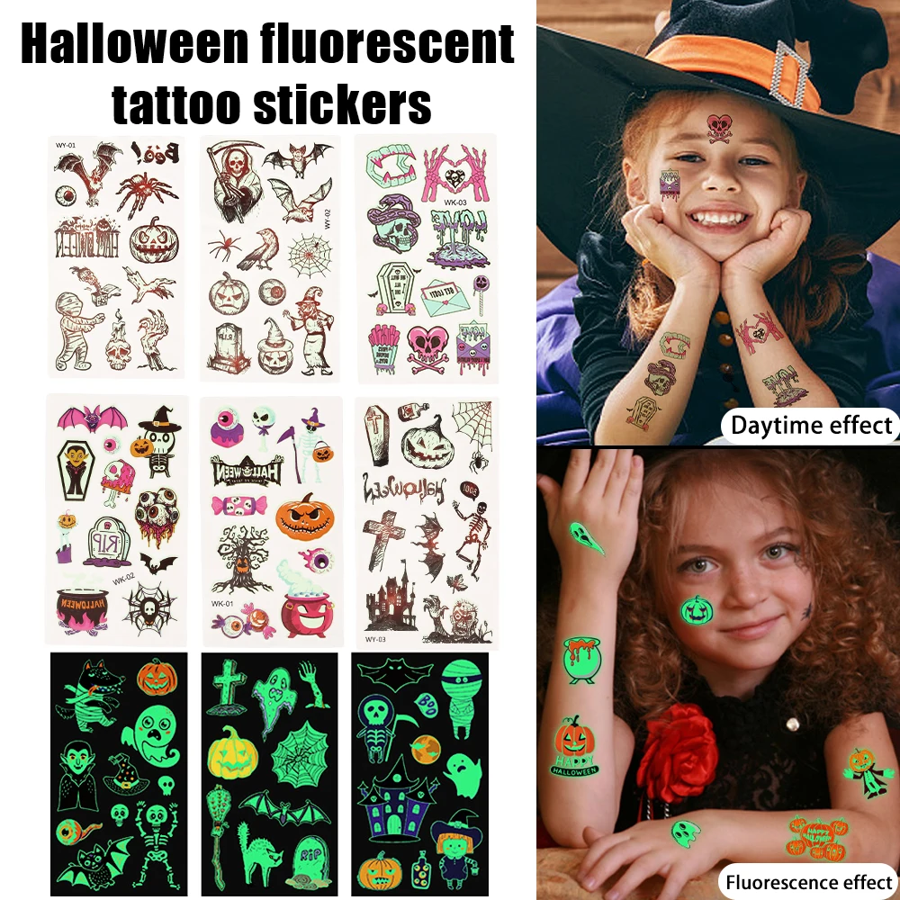 Halloween Fluorescent Tattoo Stickers Luminous Temporary Arm Face Body Glowing Tattoo Music Party Night Bar Club Makeup Tattoos