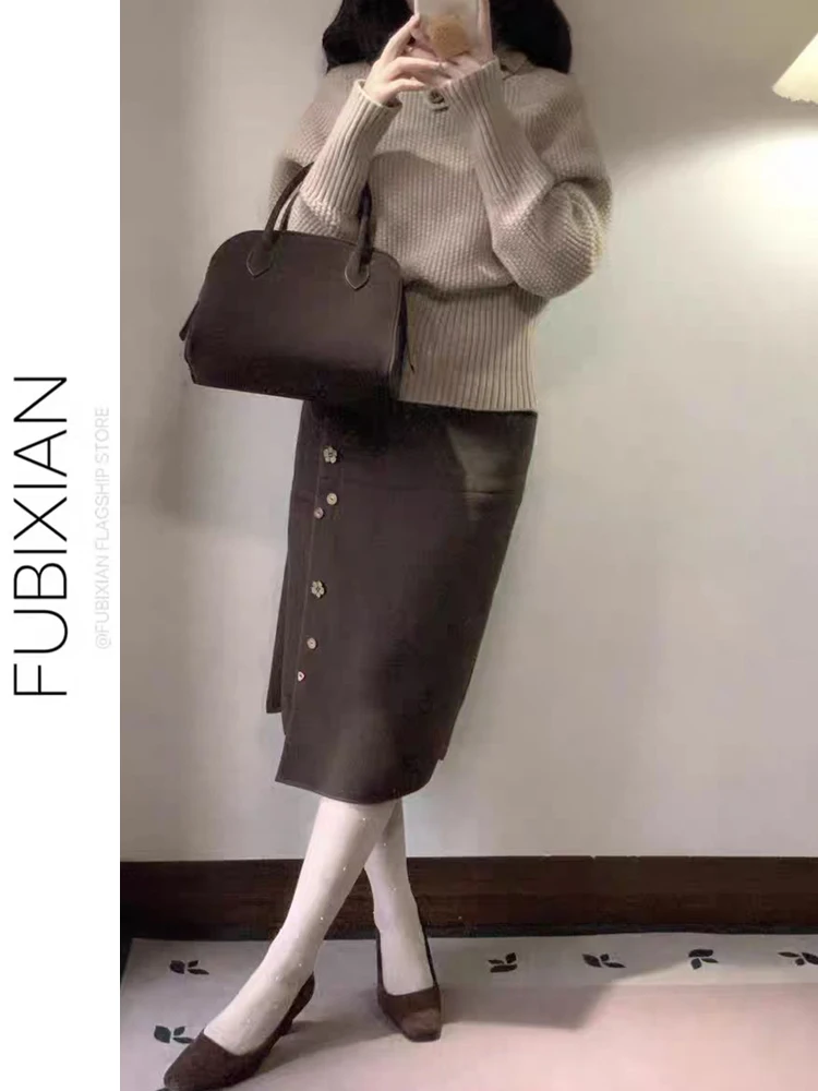 

Flutton Midi Skirt Women's New Straight Brown Slimming Versatile Gentle Temperament Mid-Length Wraparound Skirt