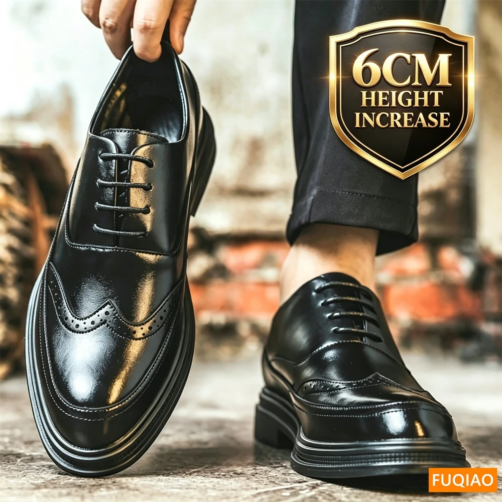 Men Brogue Oxford Dress Shoes 6CM Hidden Height Increase Elevator Shoes Or Flat Formal Leather Shoes Lace Up Business Wedding