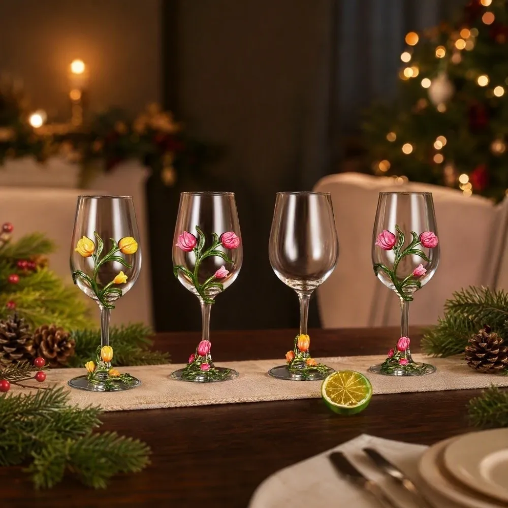 Decorative Tulip Floral Tulip Flower Wine Glass 350ML Elegant Glass Goblet Transparent 3D Creative Tall Glass New Year
