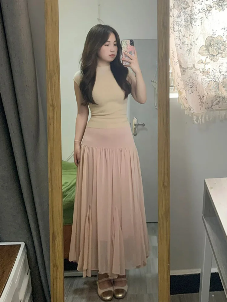 

Милая розовая юбка-миди трапециевидной формы с высокой талией, женская длинная юбка средней длины в Корейском стиле для похудения
