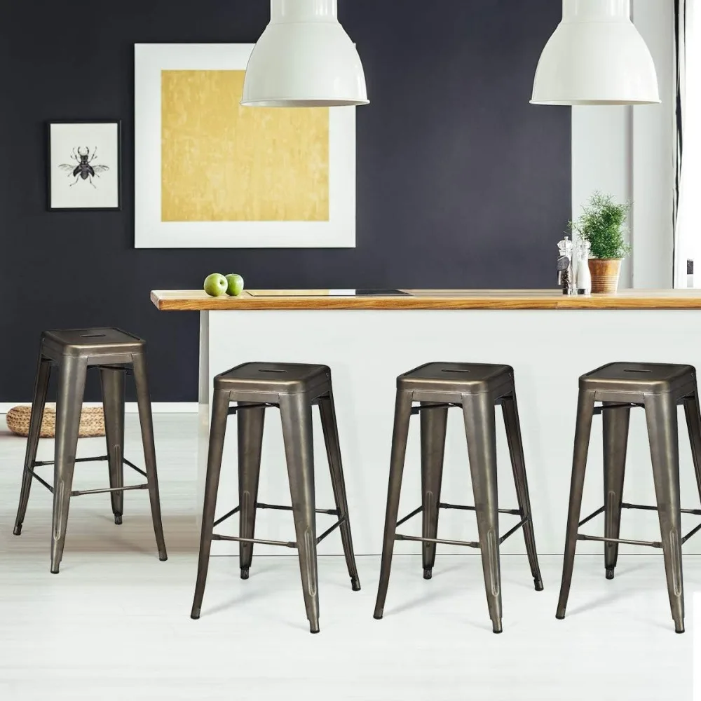 24" Metal Bar Stools Set of 4, Industrial Cafe Side Chairs with Removable Back and Rubber Feet, Stackable Counter Stool