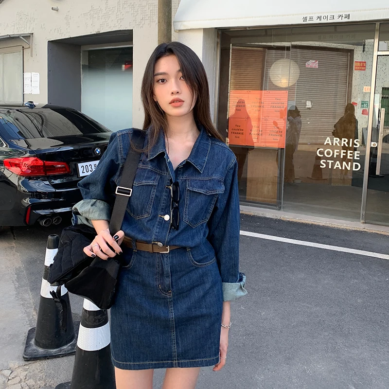 Vintage Denim Dress For Women Spring Summer Long Sleeve Slim Fit Short Jean Dress Chic Female Casual Mini Dress Street wear