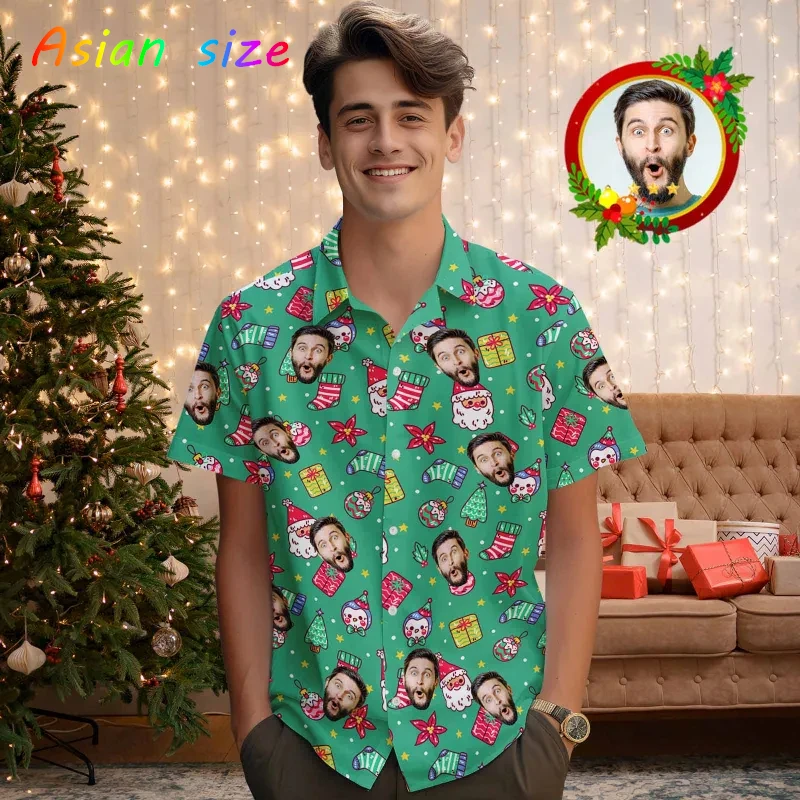 Funny Santa Hawaiian Custom Christmas Face 3D Tropical Plants Print Button Diy Xmas Hat Shirt Short Sleeve Kids Shirts Xmas Gift