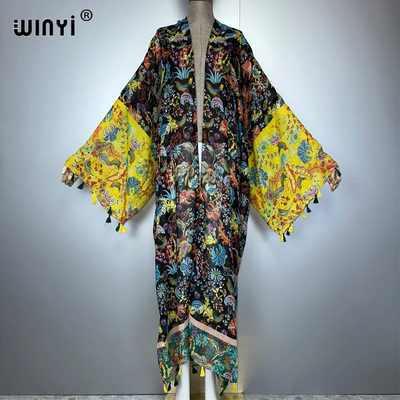 

WINYI Африка 2024, летнее кимоно, платье макси, пляжное прикрытие, кардиган, мусульманское женское пальто, кафтан в стиле бохо, пляжная одежда, кафтан
