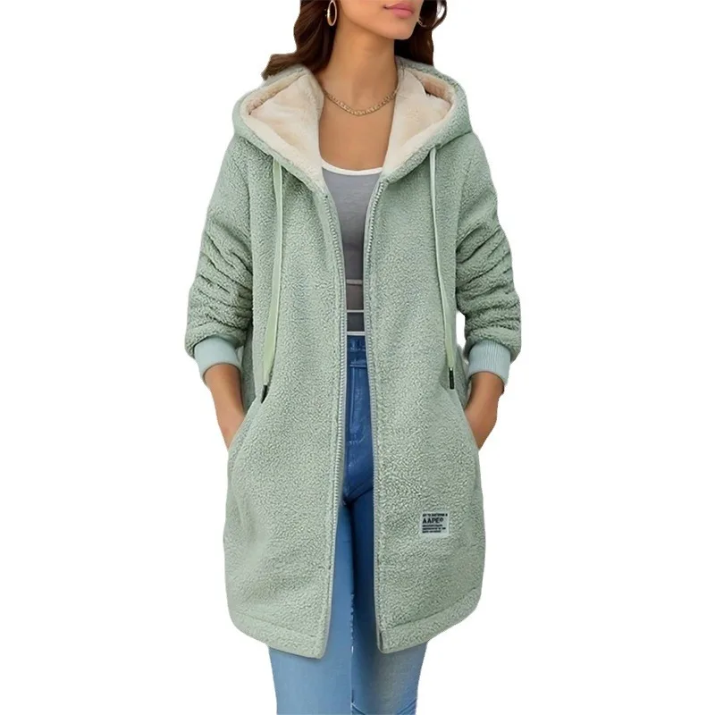 New Autumn and Winter Embroidered Letter Zipper Jacket with Thick Fleece, Medium To Long Lamb Fleece Hoodie, Women's Clothing
