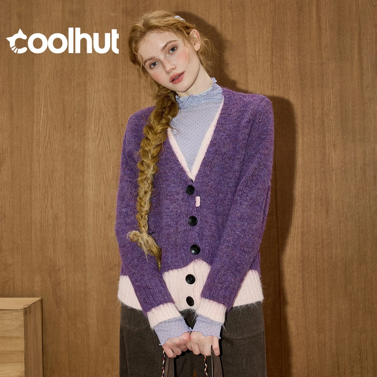 

COOLHUT Winter Women's Color Block Cardigan Fake Two Piece V-Neck Slimming Open Front Vintage Drop Shoulder Versatile Loungewear