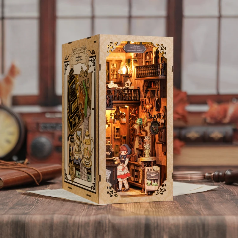 

CUTEBEE 3D Wooden Book Nook Shelf Insert Kits Miniature Antique Shop Bookshelf Dollhouse With LED Light Booknook Gifts