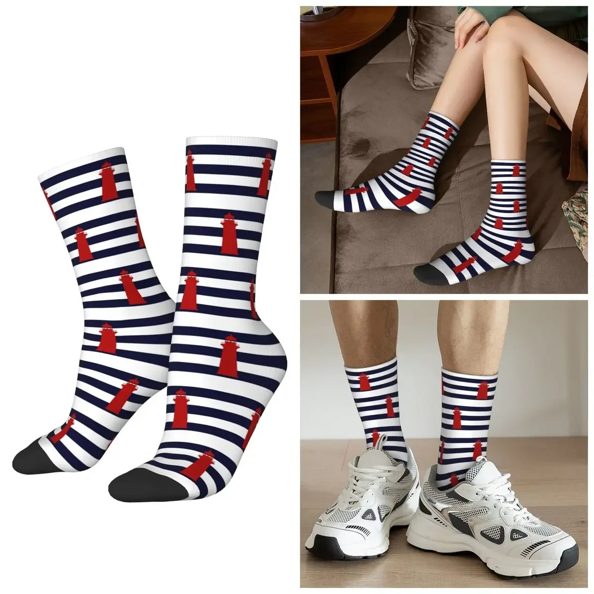 

All Seasons Nautical Red Lighthouse On Navy Blue Stripes Socks Harajuku Crew Socks Super Soft Stockings Valentine's Day Gifts