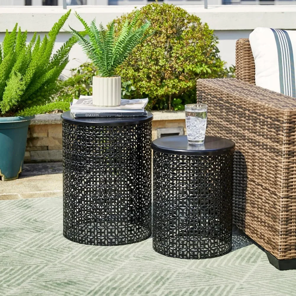 

Outdoor Side Table Set of 2, Decorative Garden Stool for Indoor Outdoor Heavy Duty Metal Frame Accent Table Modern