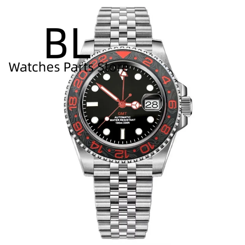 BLIGER 40mm Customizable Logo Black White Dial Red GMT Watch For Men Black Red Bezel Sapphire Glass Waterproof Reloj Hombre Date