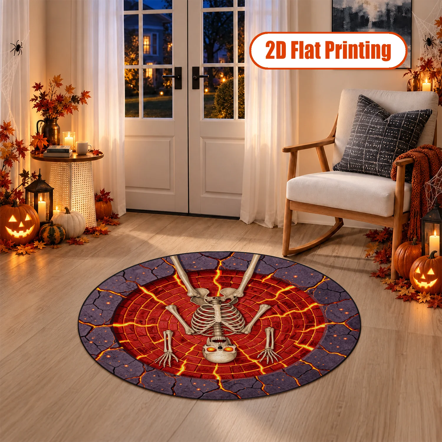 Fiery Skeleton Lava Crack Pattern Round Velvet Rug Machine Washable for Living Room Bedroom Entryway Halloween Thanksgiving Black Friday Christmas New Year
