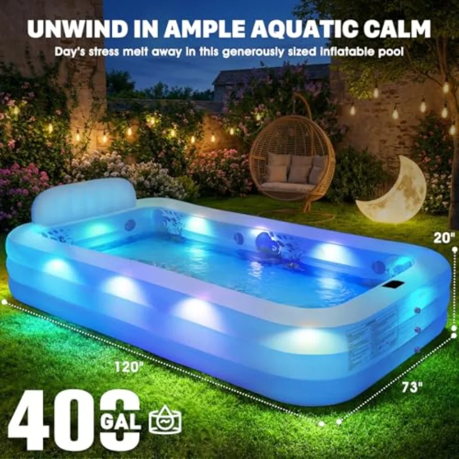 Extra Large Inflatable Pool with Lights for Backyard Use, PVC Blue Pool with Solar-Powered Blower, Seat Backrest, 120x73x20IN