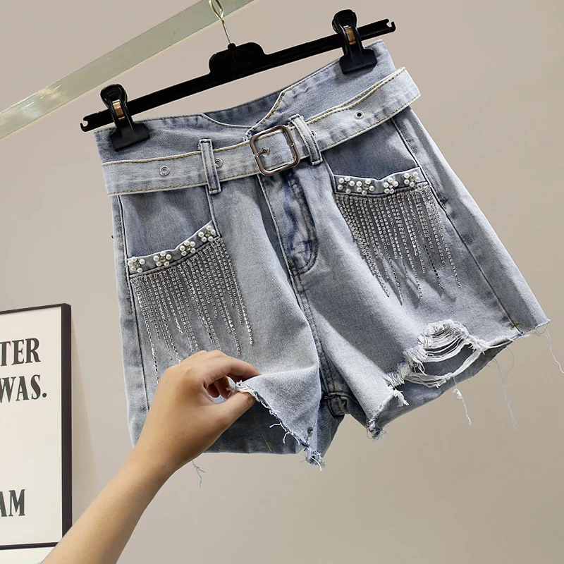 

Heavy Embellied Sequin Denim orts High Waist Wide Leg Jeans ort Pants Women Trendy Faded Diamond Rhinestone Belted