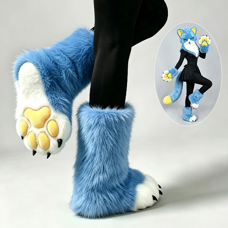 Furry Animal Paw Slippers Fuzzy Boots Cat Fox Wolf Bear Claw Shoes Costume Accessories Lolita Kig Cosplay Fursuit Paws Feet