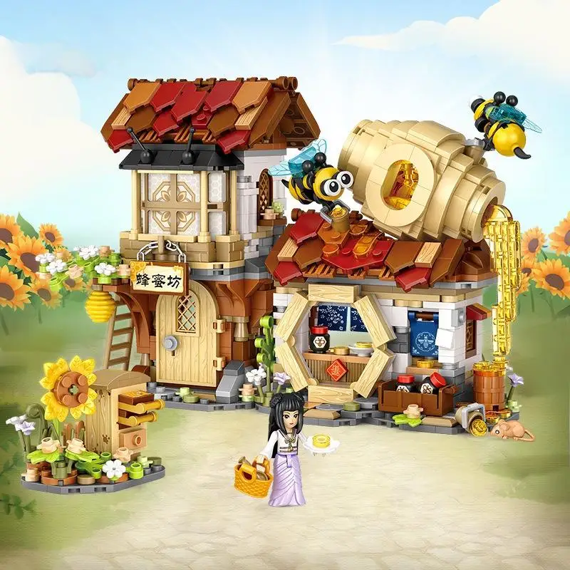 Diy casa de árvore de flor de cerejeira com partículas em miniatura montado bloco de construção modelo brinquedo bonito presente da menina brinquedo das crianças