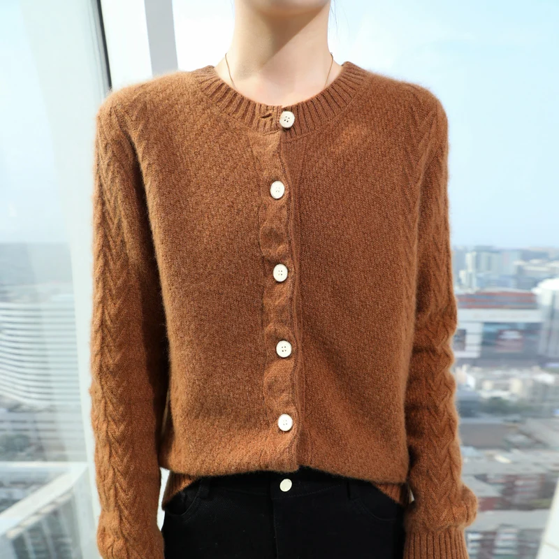 2024New Women's Classic Australian Pure Wool Round Neck Knitted Cardigan Long Sleeve Button Casual High Quality Knitted Sweater 3