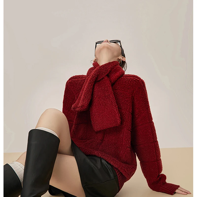 

MEXZT Vintage Red Sweater Women Christmas with Scarf Knitted Pullovers Winter Korean Knitwears Long Sleeve Loose Casual Jumpers