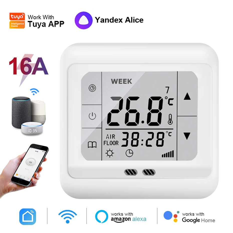 

Tuya Smart Wifi Thermostat Electric Heating Water Heating LCD Warm Floor Temperature Controller Work for Alice Alexa Google Home
