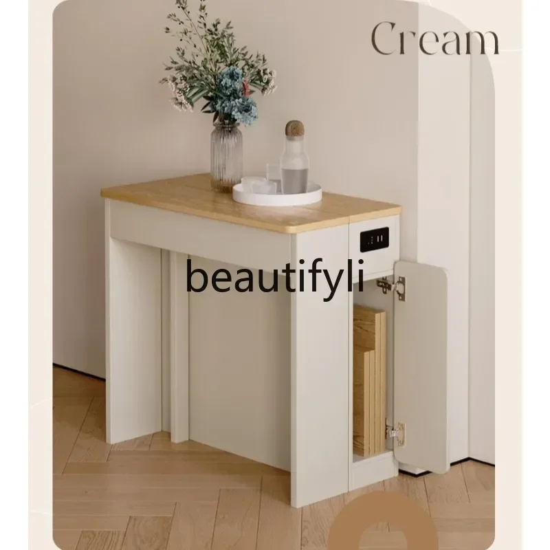 cqy Cream Style Solid Wood Extendable Dining Table Home Use Foldable Small Apartment Dining Table and Chair Set