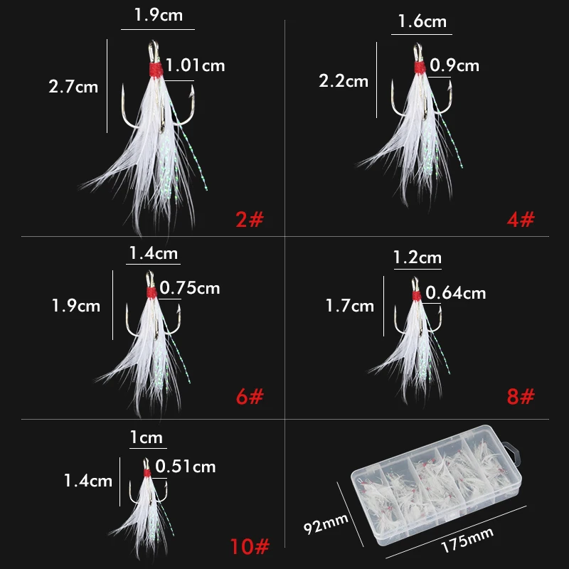 50pcs Feathered Treble Hooks Set Dressed Triple Hook Strong Pull Lure Fishing Hook with Feathers Fishing Accessories