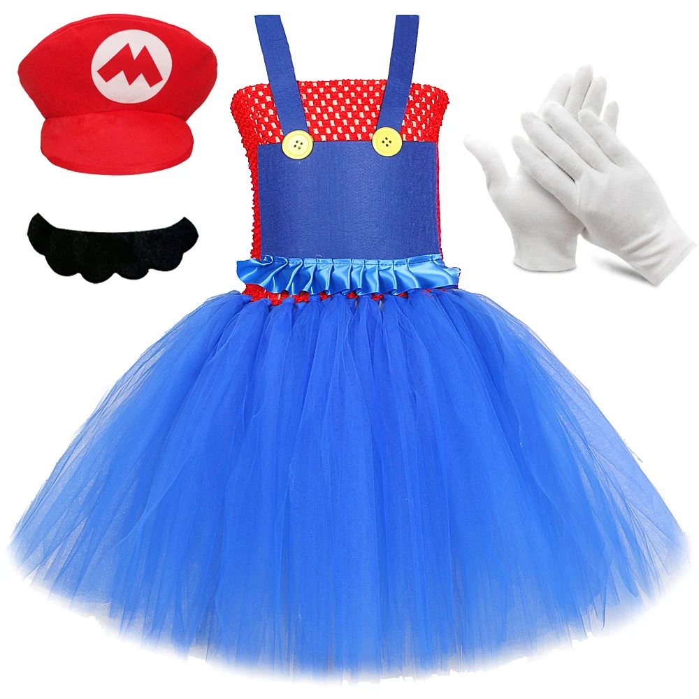 Super Bros Costumes for Girls Birthday Halloween Outft for Kids Cartoon Character Tutu Dress with Hat Beard Anime Game Clothes