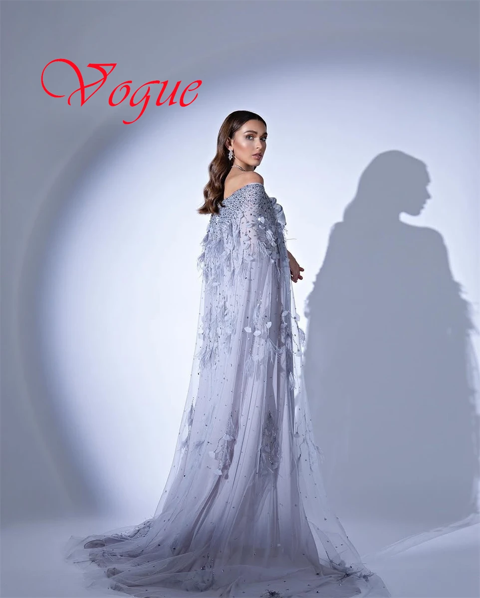 

Customized Delicate Grey Satin Evening Dress Classic Boat Neck Off the Shoulder Shawl Sleeveless Feathers Special Occasion Gowns