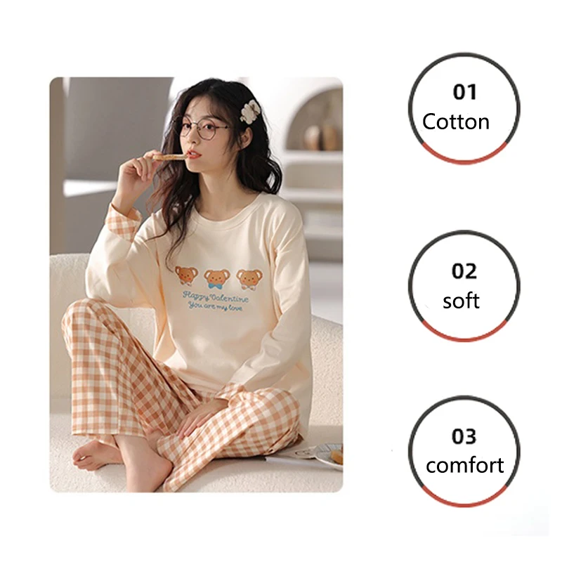 Cotton High Quality Large Size Women Four Seasons Pajamas Girl O-Neck Long-Sleeved Sweet Cute Cartoon School Homewear 2PCS/Set