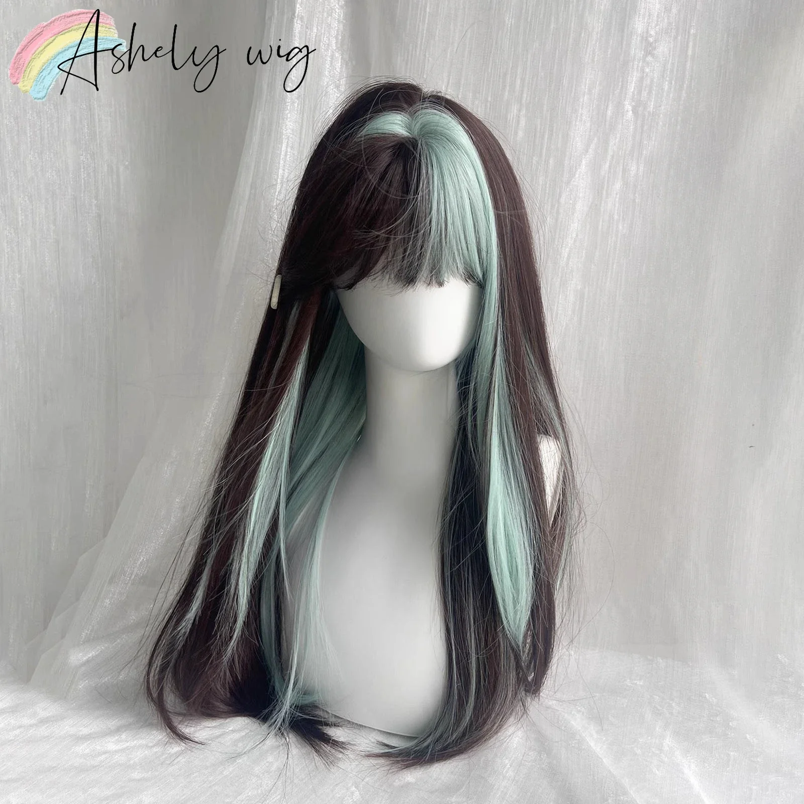 Ashely Ombre coklat cahaya hijau Wig panjang Shtraight Wig dengan poni JK Cosplay Headband Wig murah Pelucas Realistas Mujer