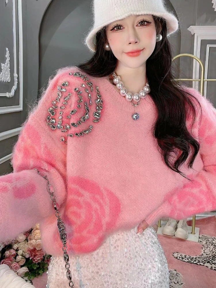

Heavy Industry Diamond Flower Round Neck Long Sleeve Top Women Y2k 2025 Autumn Gentle Style Sweater Knitted Pullover