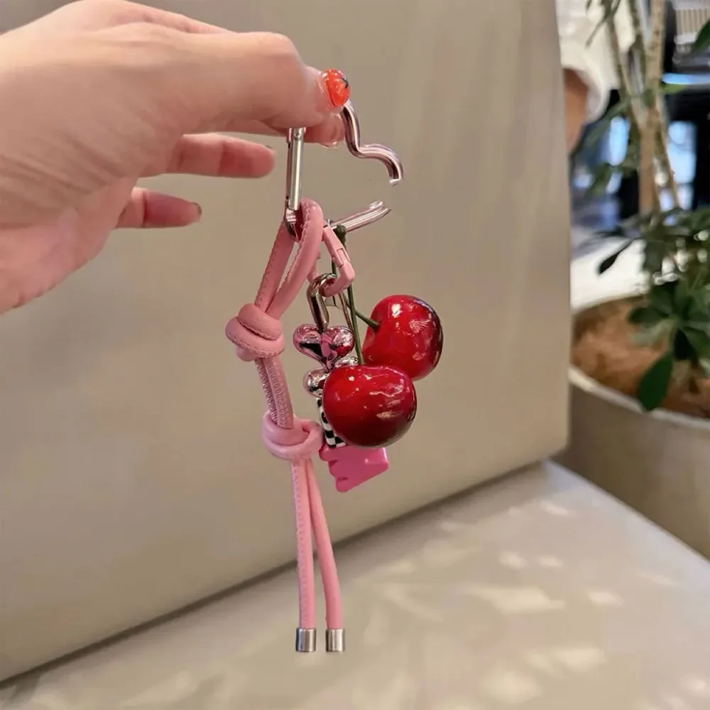 New Korean Stylish Cherry Love Heart Leather Rope Pendant Chain Strap For iPhone Keyring Bag Camera Girl Phone Hanging Rope Cord