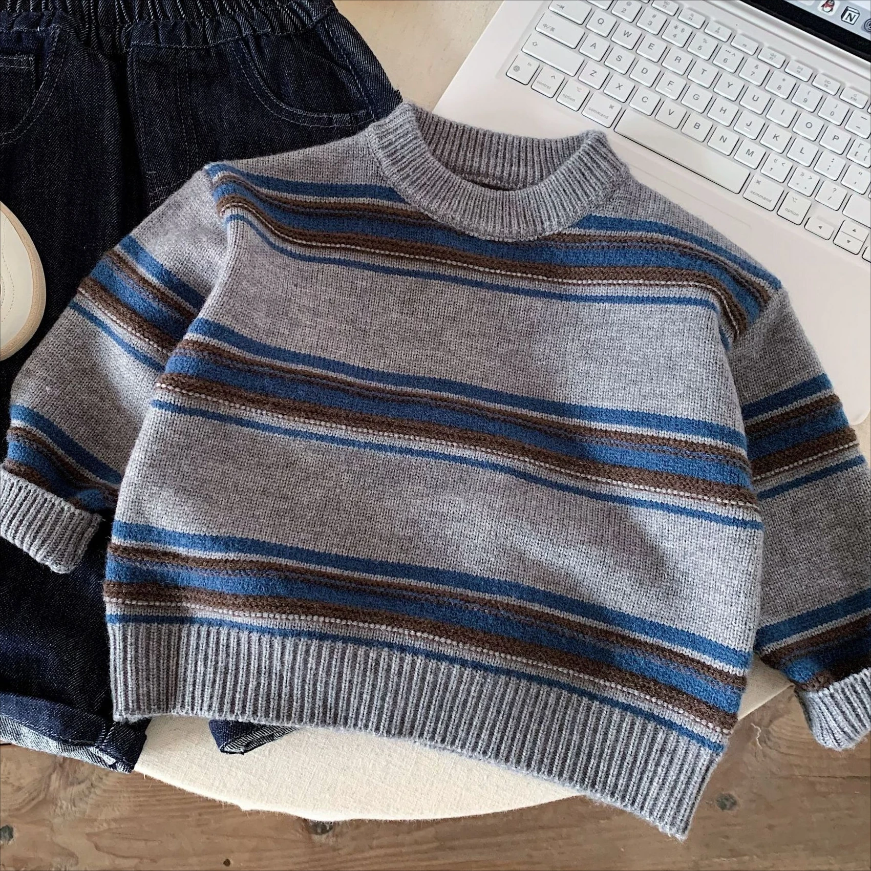 Boys Sweater 2026 Autumn and Winter New Children's Clothing Korean Style Boys and Girls Retro Color Striped Round Neck Sweater