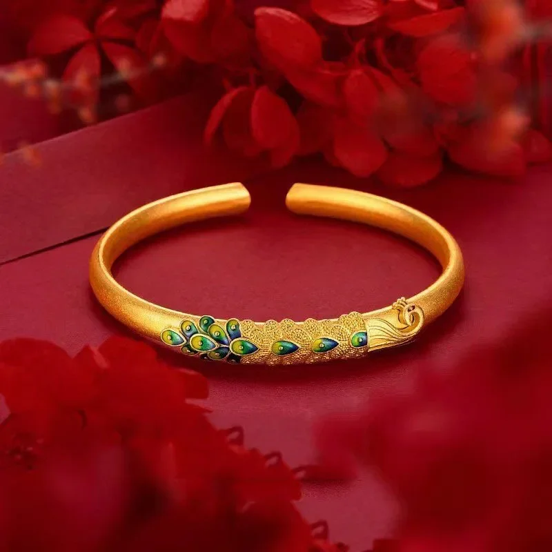 9999 real gold 24K yellow gold Ancient French Burned Blue Peacock Bracelet Chinese Style Solid Open Bracelet for Women