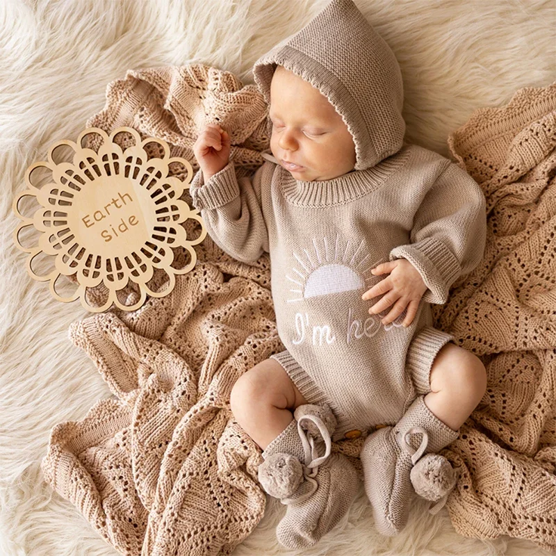 

Baby Autumn Winter Sweaters Romper Girl Boy Sun/Rainbow Embroidered Long Sleeve Ribbed Knitted Pullover Jumpsuits