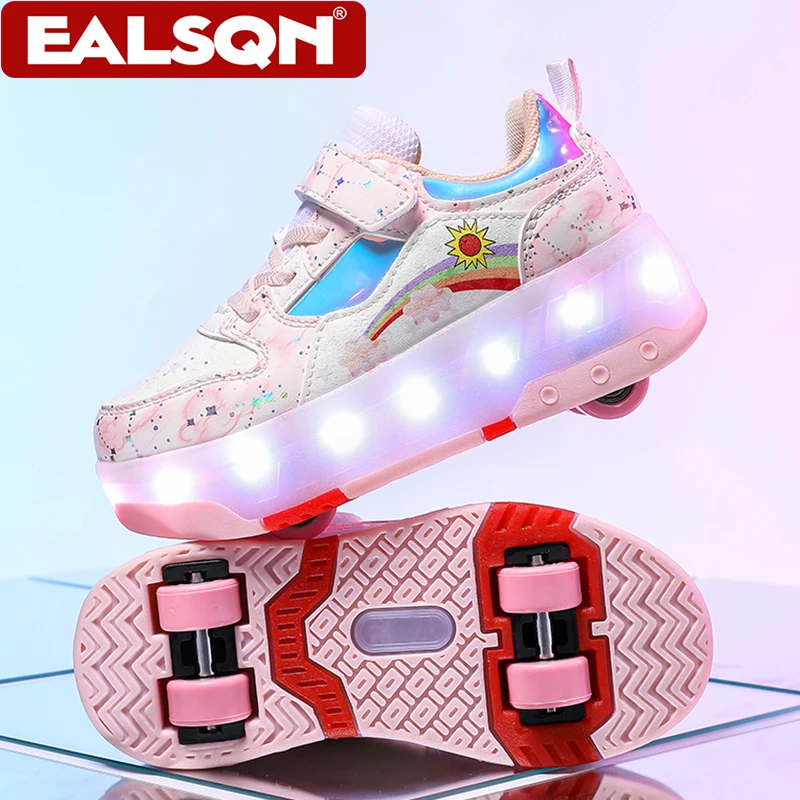 Four Wheels Children LED Light Up Roller Skate Shoes for Boys Girls - USB Rechargeable Luminous Sneakers Kids Sports Shoes Gift